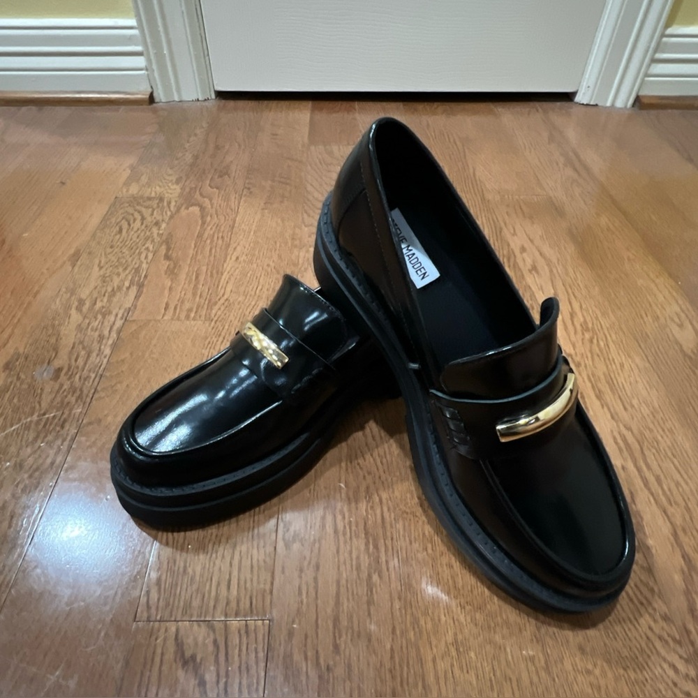 Steve Madden Black Loafers with Gold Accent